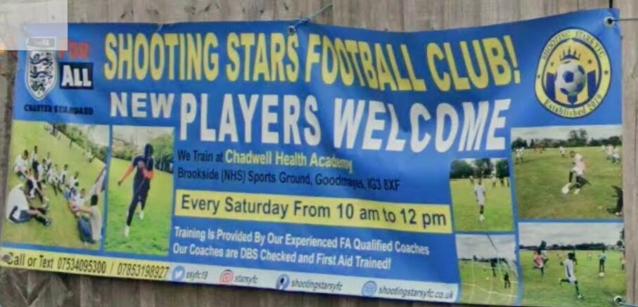 The Shooting Stars Football Club banner at Brookside Sports Ground